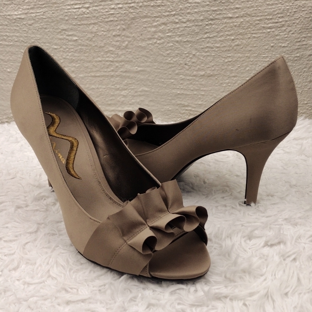 Nina Taupe Satin Pleated Bow Detail Peep Toe Satin High Heel Slip On Dress Shoe